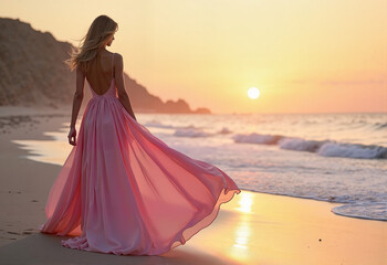 Women wearing pink. Woman in flowing pink gown walking along sandy beach at sunset