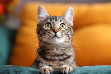 Obraz premium Cute tabby kitten with green eyes and adorable whiskers on a yellow couch with alert expression