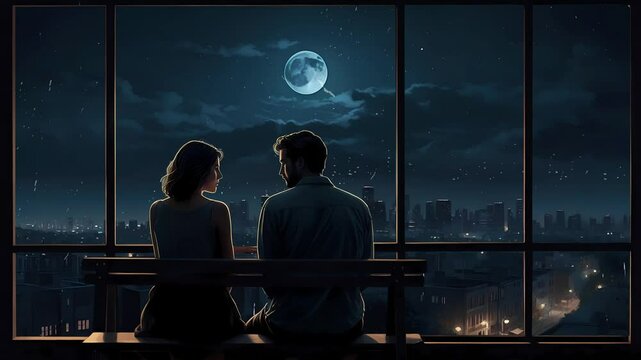  A couple looking at each other by the window during rainy night. Dark cityscape, Animated background, rain, cloud. Looping animation
