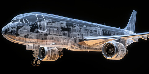 Detailed 3D wireframe model of a commercial airplane showcasing aviation technology and design features