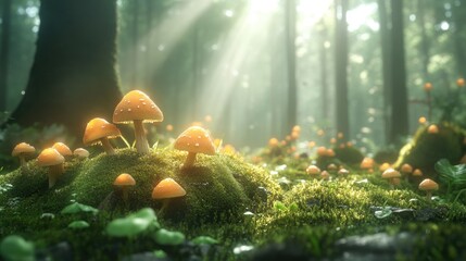 Enchanted Forest: Sunlit Mushrooms in Mossy Grove