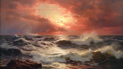 A dramatic seascape featuring turbulent ocean waves under a vibrant sunset sky. The scene captures the contrasting colors of deep blues and whites of the crashing waves against a fiery orange and pink