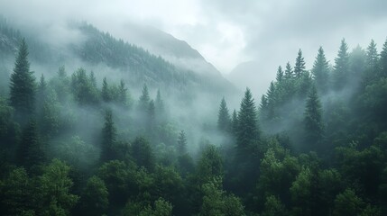 Misty mountain forest, ideal for active hiking adventures and outdoor exploration.