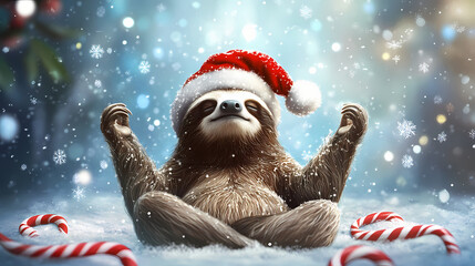A peaceful sloth wearing a santa hat meditating with a blissful smile, surrounded by falling snowflakes and candy canes. Blissful. Illustration