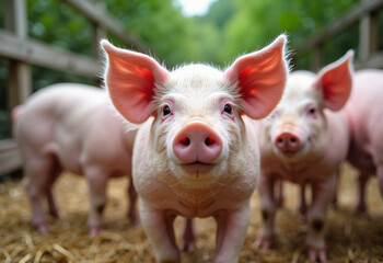 Cute pigs posing playfully in a farm environment  