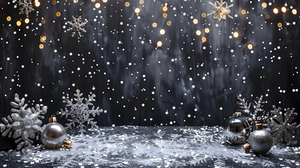 A black velvet board with sparkling silver snowflakes, crystal ornaments, and twinkling LED lights