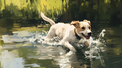 A playful dog bounds into the water, generating splashes and ripples, fully immersed in a blissful day of. Blissful. Illustration
