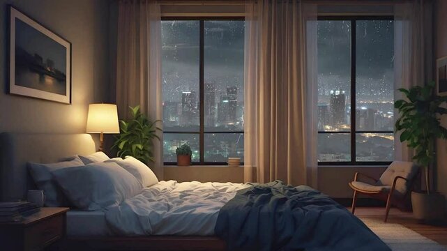 An unmade bed in the room with the headlamp. The background is the city skyline during the rain. Anime style. Looping Lofi animation.