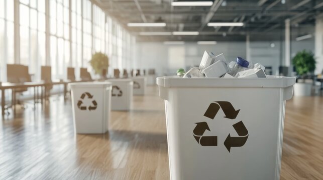 Waste management for businesses, corporate waste reduction strategies with recycling bins in an office environment