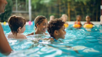 Obraz premium Children with a Tutor in the Pool: Fun Summer Learning and Education