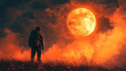 Fototapeta premium Solitary Traveler Under a Crimson Moon: A Digital Painting.