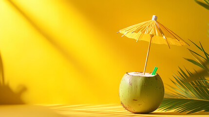 A vibrant yellow backdrop highlights a tropical coconut drink adorned with a cute umbrella and straw, capturing the essence of refreshing summer vibes and blissful relaxation. Blissful. Illustration