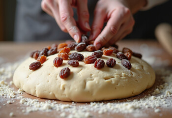 Raisins Folded into Bread Dough with Flour Dusting