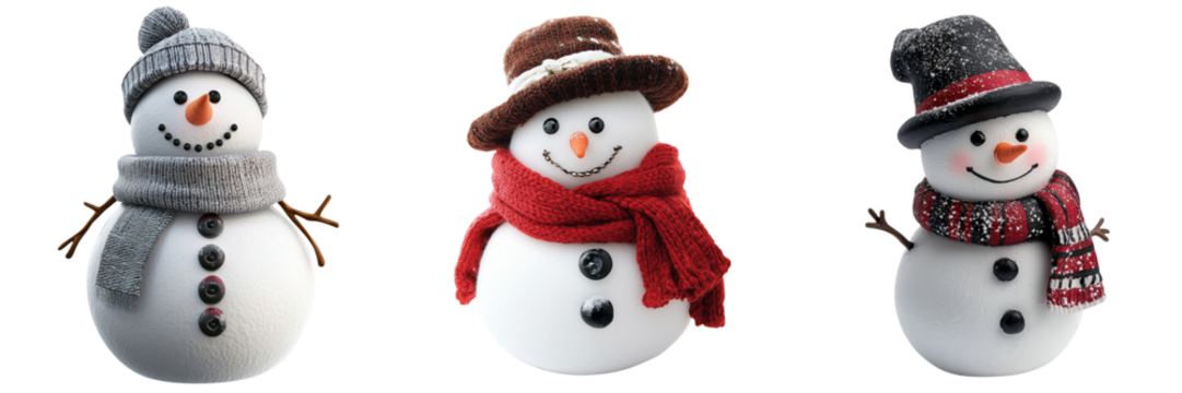Set of A classic Christmas snowman with a carrot nose, coal buttons on transparent png background