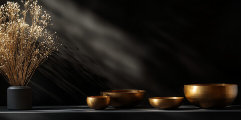 Golden singing bowls with dried flowers on dark background for sound healing concept