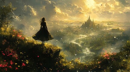 A Girl Gazing at a Fairytale Cityscape at Sunset.