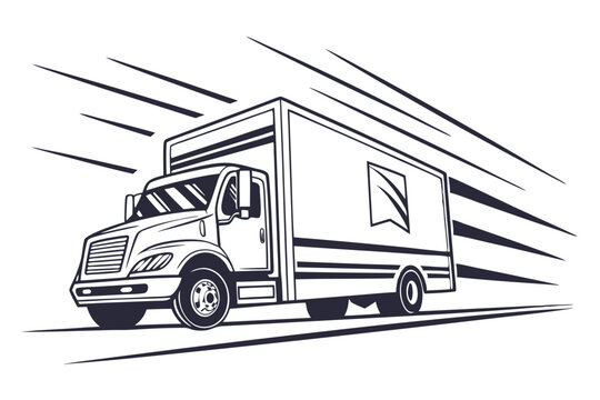 Fast moving shipping delivery truck line art silhouette vector 