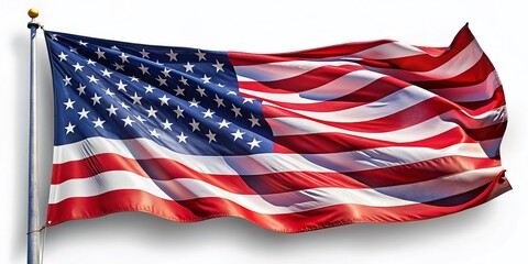 Obraz premium Panoramic View of a Waving American Flag with Stars and Stripes Against a Crisp White Background, Symbolizing Freedom and Patriotism in a Vibrant Display of National Pride