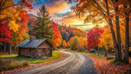 Fototapeta premium Panoramic View of a Winding Dirt Road Leading to a Cozy Log Cabin Surrounded by Vibrant Autumn Foliage in a Scenic Forest Landscape