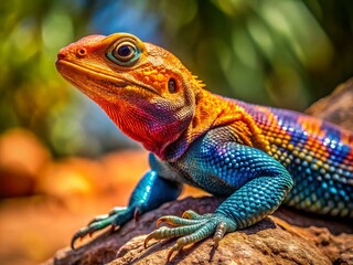 Fototapeta premium Panoramic View of a Wild Agama Lizard Basking in Bright Sunlight on a Rock in Its Natural Habitat, Showcasing Detailed Textures and Vibrant Colors of the Surrounding Landscape
