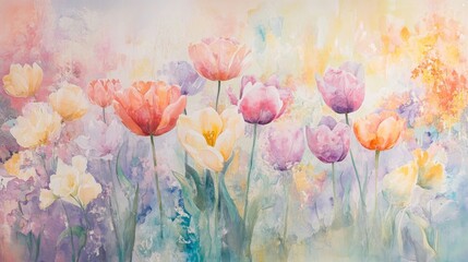 Obraz premium Delicate Watercolor Tulips in a Spring Garden