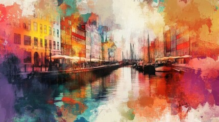 Colorful European City Canal Scene