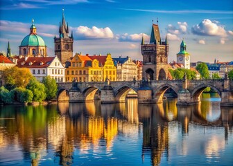 Fototapeta premium Panoramic View of Charles Bridge in Prague, Czech Republic: Captivating Midday Scene of Old Town with Historical Architecture and Scenic River Reflections, No People
