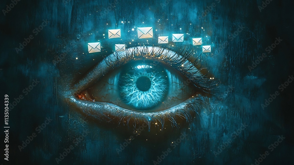 Poster futuristic eye scanning text messages with floating emotion indicators