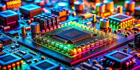 Obraz premium Panoramic View of Electronic Chips and Circuits, Showcasing Advanced Technology and Innovation in Semiconductor Manufacturing and Design, Perfect for Technology and Engineering Themes