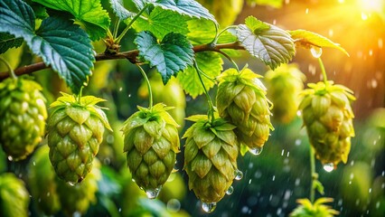 Panoramic View of Fresh Hops Branch Glistening with Raindrops in a Lush Green Brewery Garden, Perfect for Craft Beer Enthusiasts and Nature Lovers