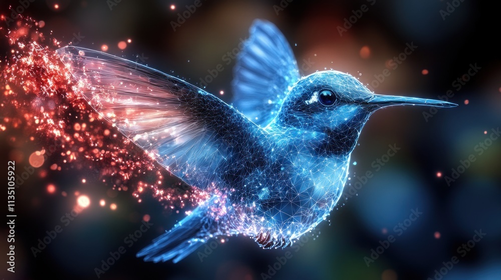 Poster a vibrant, digital depiction of a hummingbird in flight, surrounded by sparkling particles.