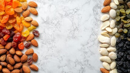 Assorted Dried Fruits and Almonds Displayed in a Line for Healthy Snack Inspiration and Nutritional Benefits