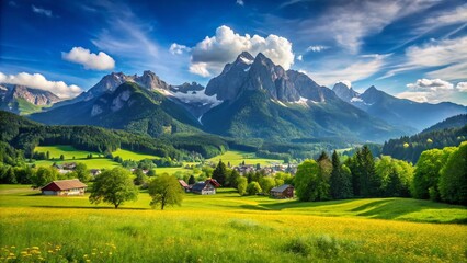 Naklejka premium Panoramic View of Summer Meadows in Garmisch-Partenkirchen with Stunning Waxenstein Peak and Wettersteingebirge Mountains Towards Grainau in the Bavarian Alps