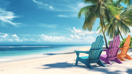 Adirondack beach chairs on a sunny beach in front of a holiday vacation spot