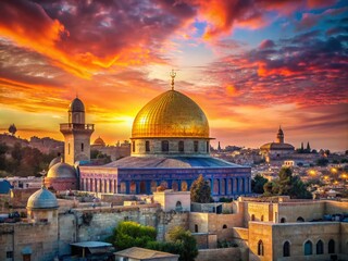 Obraz premium Panoramic View of Temple Mount at Sunset Over Jerusalem's Old City, Capturing the Golden Dome and Surrounding Architecture in a Stunning Evening Scene