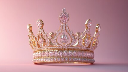 Fototapeta premium Golden crown adorned with sparkling diamonds on a pink background.