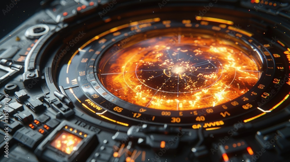 Poster a futuristic device displaying a vibrant cosmic interface with fiery elements.