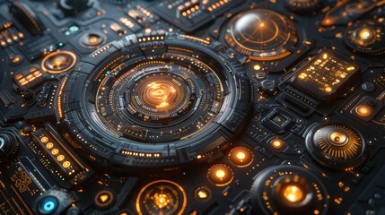 A futuristic interface featuring intricate circuits and glowing elements.