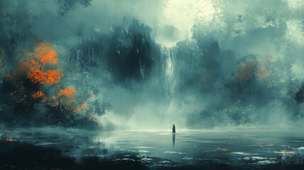 Fototapeta premium Solitary Figure by a Misty Waterfall in an Autumnal Forest.