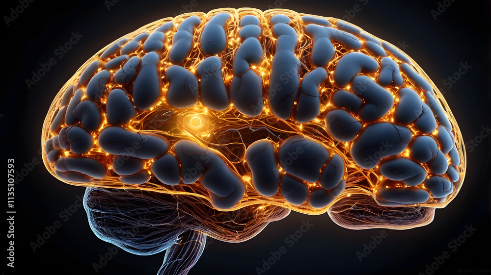 Poster the illuminated mind: a 3d rendering of the human brain, with glowing neural pathways symbolizing th