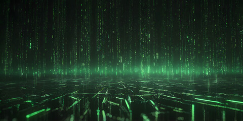 Digital Rain: Abstract background with a futuristic, neon green rain of digital data falling on a grid-like surface.  The image creates a sense of motion and energy.