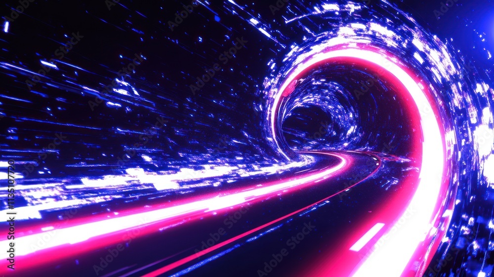 Poster a vibrant, futuristic tunnel with light trails, suggesting speed and motion.