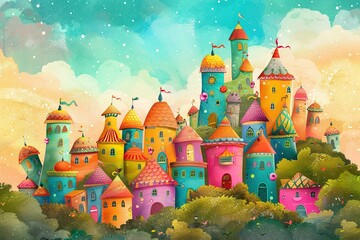 Colorful cityscape with many buildings and a blue sky