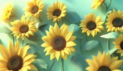 Obraz premium Vibrant Sunflowers in Paper Art Style Against a Soft Green Background