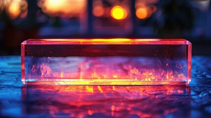 A glowing crystal block reflects warm sunset hues, creating a serene atmosphere.