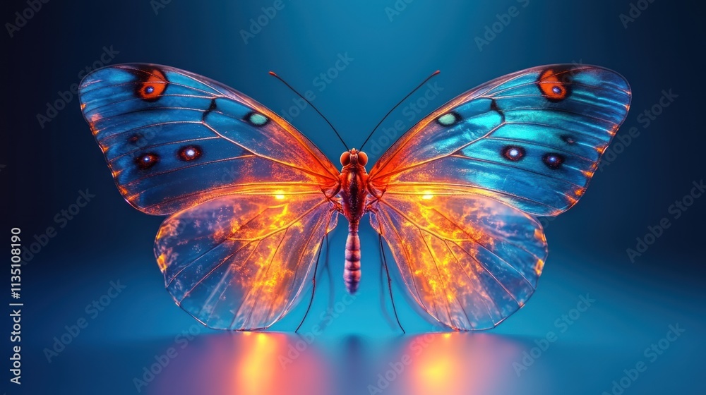 Poster a vibrant, glowing butterfly with intricate patterns against a blue background.