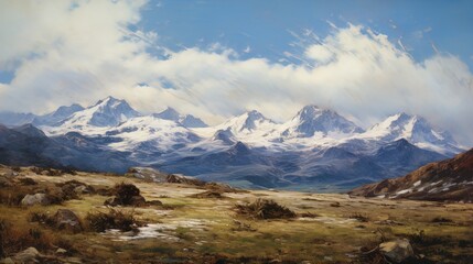 Fototapeta premium A breathtaking mountain landscape featuring a range of snow-capped peaks under a partly cloudy sky. The foreground includes a softly rolling meadow with scattered rocks and patches of green grass, com