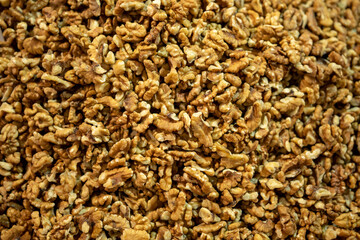Background of walnuts close up. Flat lay.