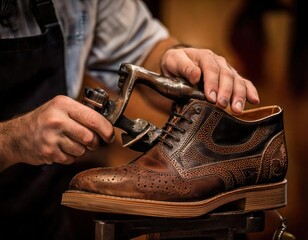 Shoe factory, A craftsman meticulously polishing a brown leather shoe, showcasing detailed broguing and craftsmanship in a workshop setting.