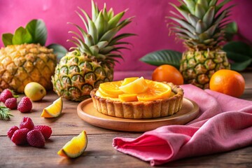 Pineapple Cheese Tart Recipe on Pink Tablecloth with Orange Fruits - A Delicious Dessert Scene for Chia Bakery Lovers and Food Enthusiasts